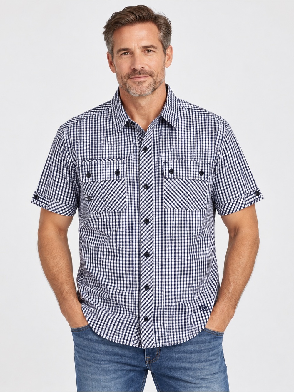 CAVI Men’s Large Navy White Gingham Short Sleeve Button-Up Shirt NWT 100% Cotton
